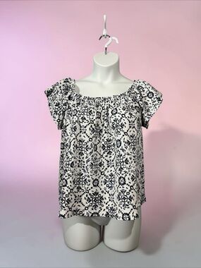 NEW, Penningtons, Plus Size 1X White & Navy Floral Off Shoulder Peasant Blouse